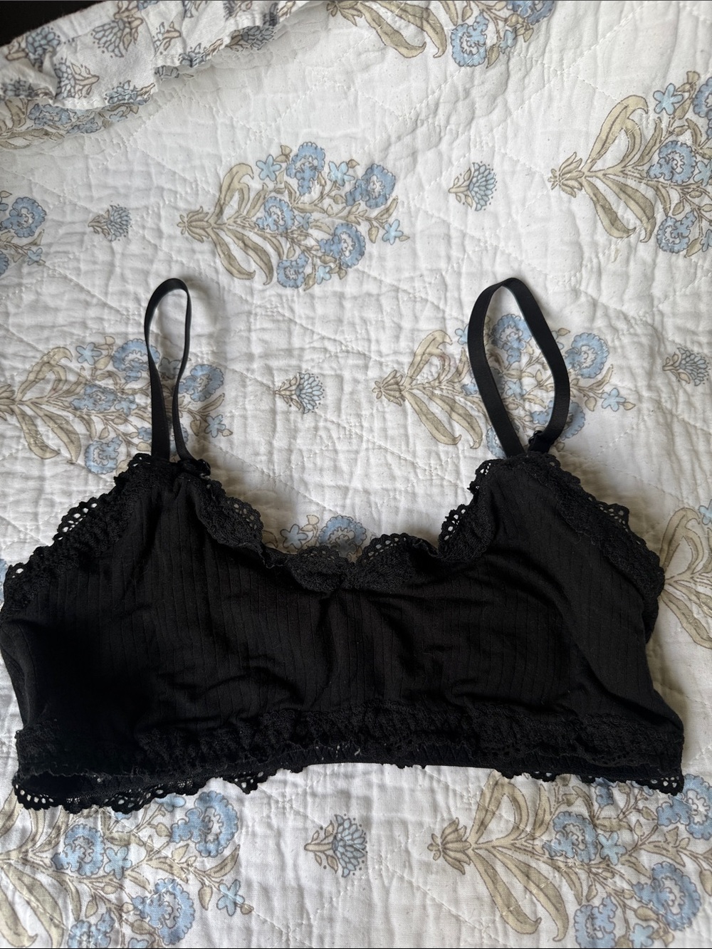 aerie Black Lace-Trim Ribbed Bralette